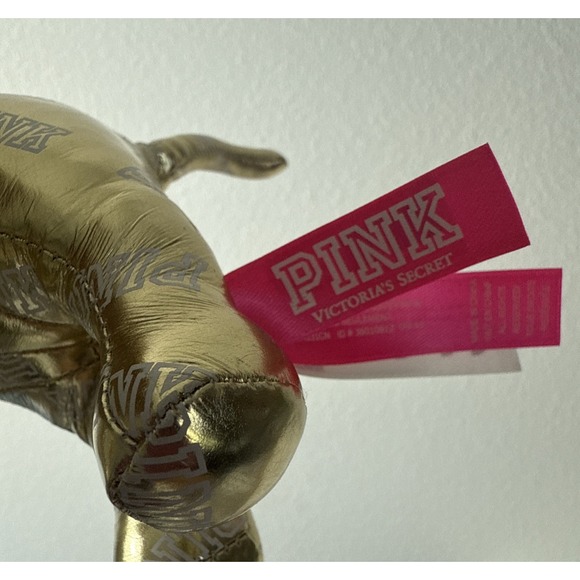 2014 Victoria Secret Plush PINK Dog SHINY Metallic Gold w/ "PINK" Words 8" - Picture 6 of 9